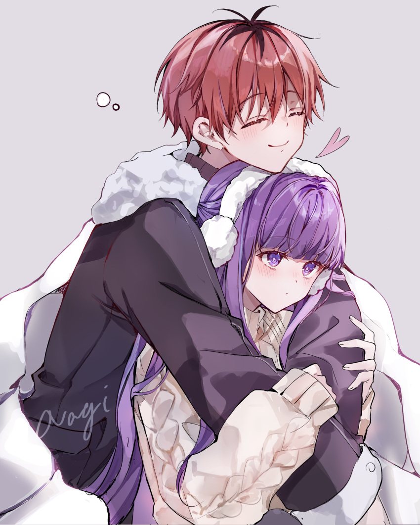 1boy, 1girl, absurdres, artist_name, black_hair, black_jacket, blanket, blush