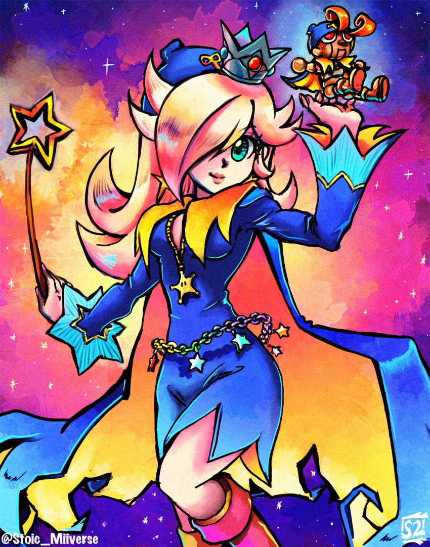 alternate_costume, alternate_earwear, alternate_headwear, aura, belt, blonde_hair, boots, breasts