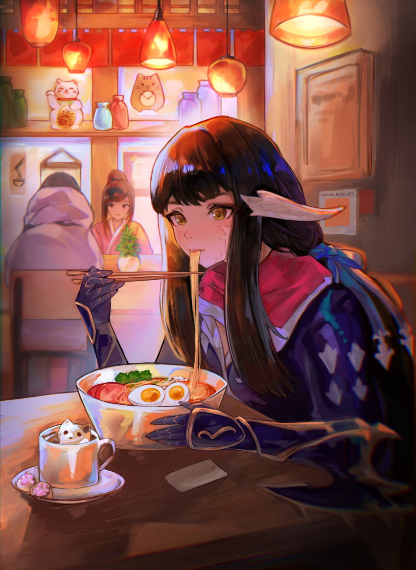 2girls, absurdres, architecture, au_ra, black_hair, bottle, bowl, chair