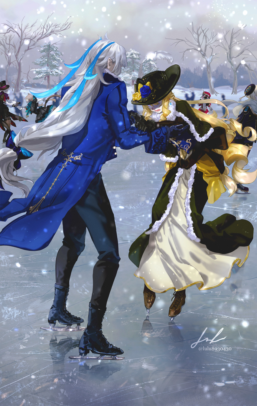 3boys, 3girls, absurdres, animal_ears, blonde_hair, blue_horns, camera, capelet