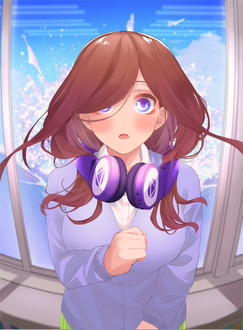 1girl, blue_cardigan, blue_eyes, blush, breasts, brown_hair, cardigan, clenched_hand