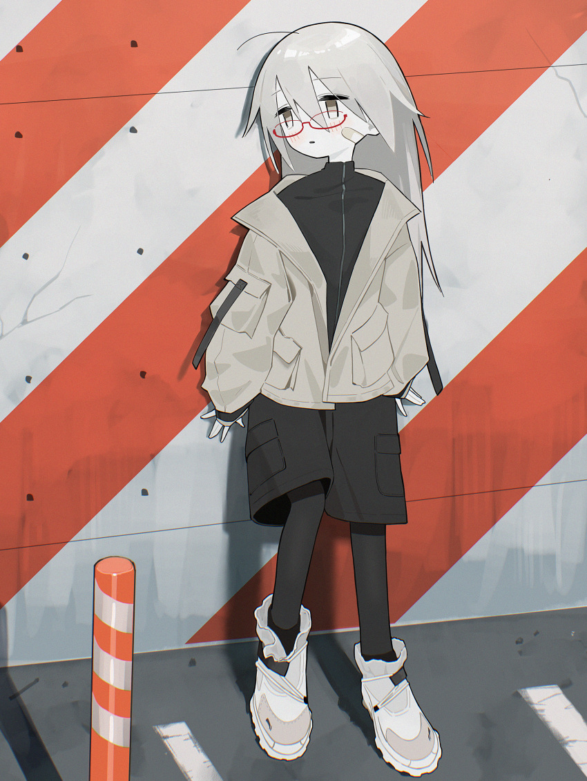 1girl, absurdres, against_wall, ahoge, bandaid, bandaid_on_cheek, bandaid_on_face, black_jacket