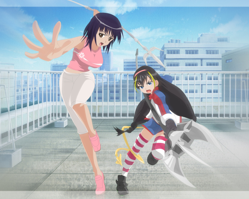 2girls, bare_arms, bare_shoulders, black_footwear, black_hair, blue_eyes, blue_skirt, blue_sky, breasts, brown_eyes, clouds, cloudy_sky, commentary, day, demon_tail, dvdice, friulian_spear, full_body, hair_between_eyes, hairband, holding, holding_polearm, holding_trident, holding_weapon, incoming_attack, itsuwa, jacket, large_breasts, lessar, long_hair, long_sleeves, mechanical_tail, medium_hair, midriff_peek, multicolored_clothes, multicolored_jacket, multiple_girls, on_roof, open_mouth, outdoors, outstretched_arms, pink_footwear, pink_hairband, pink_tank_top, polearm, rooftop, shorts, skirt, sky, sleeveless, spear, steel_glove, striped_clothes, striped_thighhighs, tail, tank_top, thigh-highs, toaru_majutsu_no_index, toaru_majutsu_no_index:_old_testament, track_jacket, v-shaped_eyebrows, very_long_hair, weapon, white_shorts, window, yellow_tail, zettai_ryouiki
