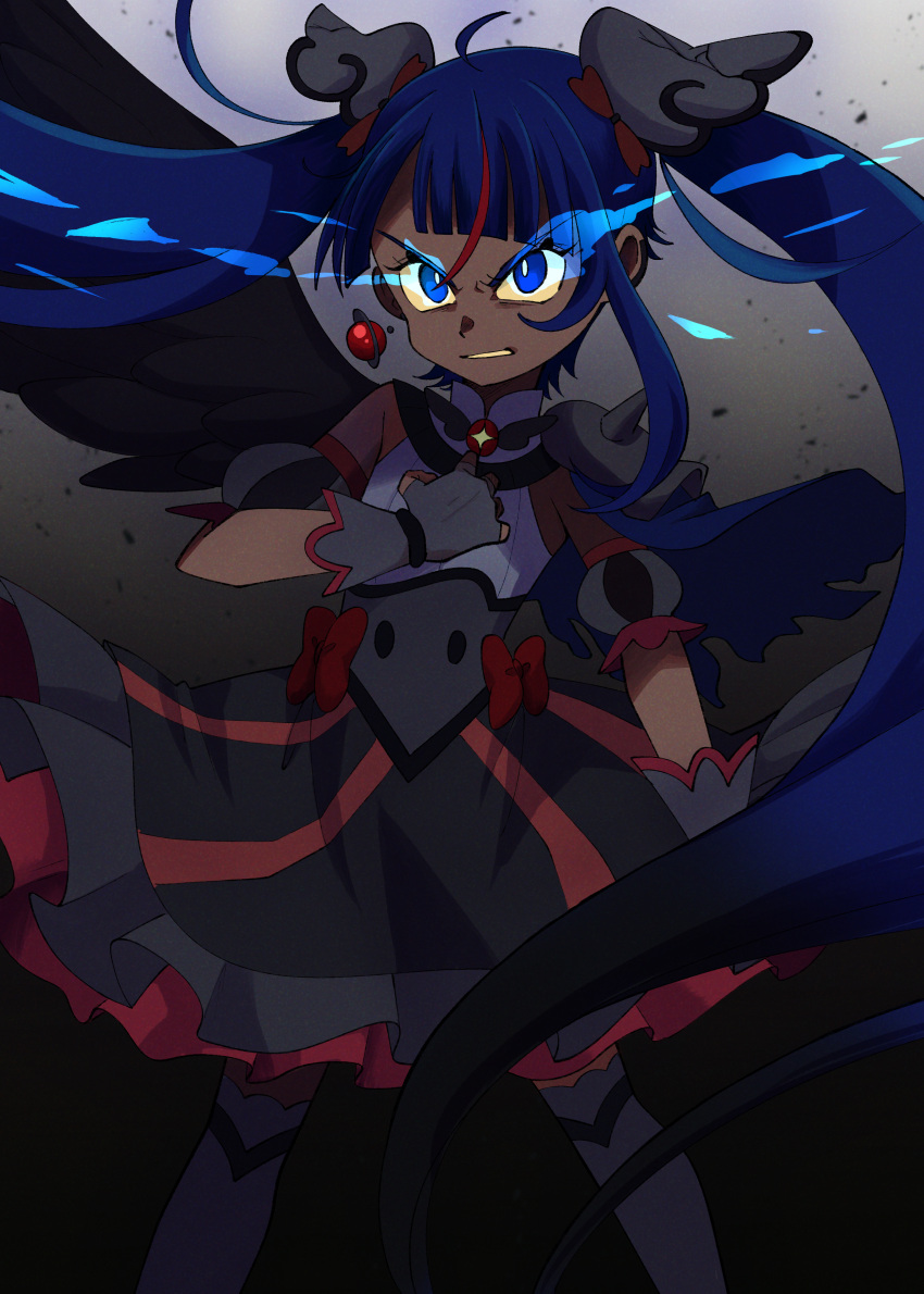 1girl, absurdres, armor, black_dress, black_wings, blue_eyes, blue_hair, brooch