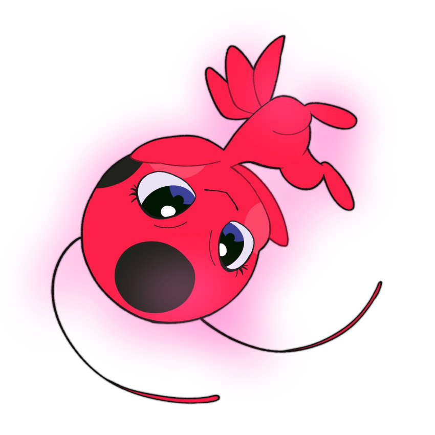 1girl, :>, antennae, arms_up, aura, blue_eyes, eyelashes, floating, highres, miraculous_ladybug, no_humans, polka_dot, simple_background, solo, tikki_(miraculous_ladybug), upside-down, uryufu