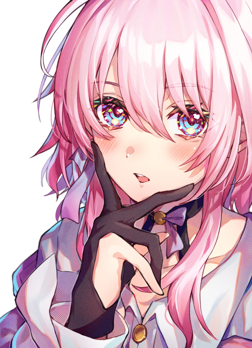 1girl, archery_shooting_glove, black_choker, black_gloves, blue_eyes, blush, bra_strap, buttons