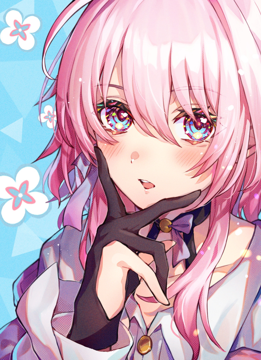 1girl, archery_shooting_glove, black_choker, black_gloves, blue_eyes, blush, bra_strap, buttons
