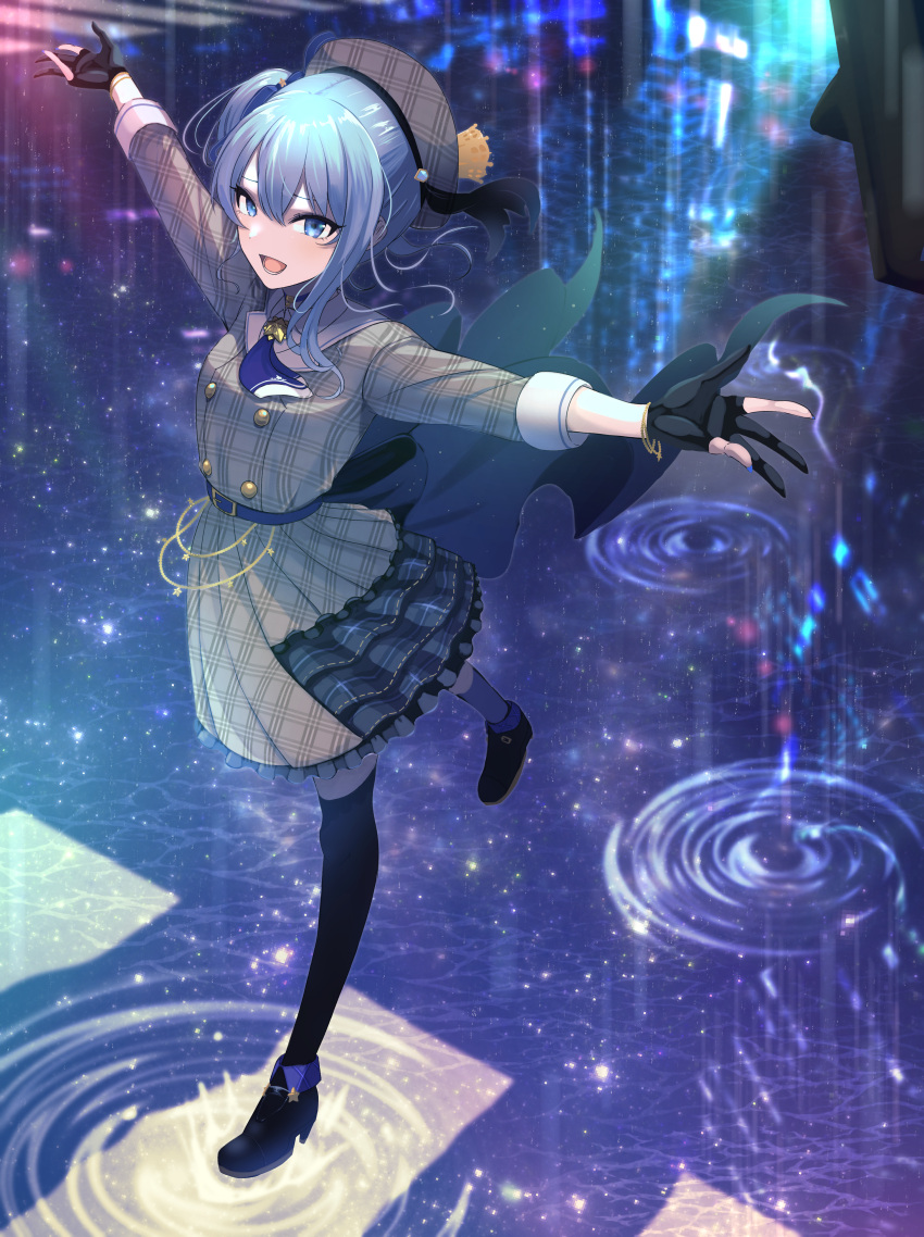 :d, absurdres, arms_up, ascot, belt, black_cape, black_footwear, black_gloves