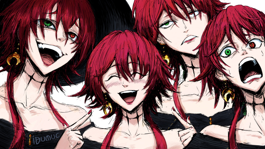 1girl, bare_shoulders, black_choker, choker, commentary, crescent, crescent_earrings, crimson_(ragna_crimson)