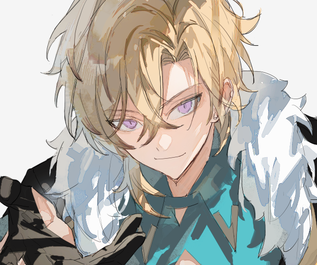 1boy, aqua_shirt, aventurine_(honkai:_star_rail), black_gloves, blonde_hair, closed_mouth, collared_shirt, crossed_bangs
