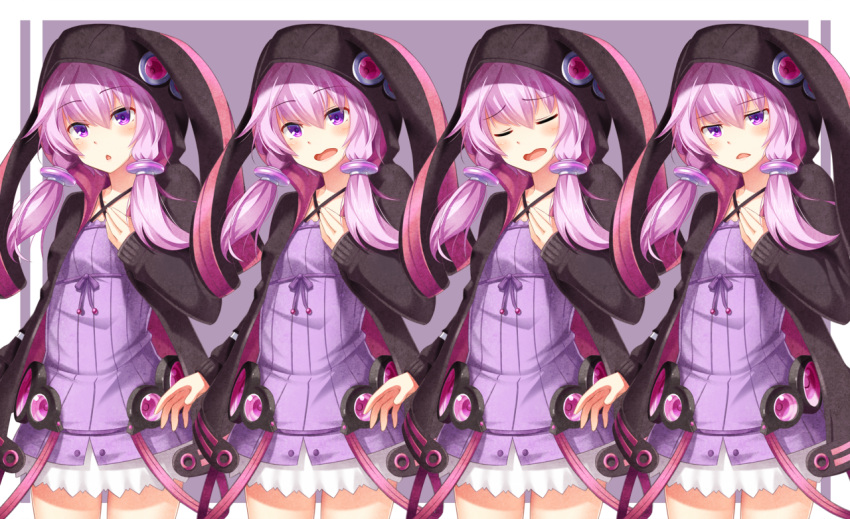 1girl, :o, animal_ear_hood, animal_ears, black_hood, black_jacket, black_sleeves, border
