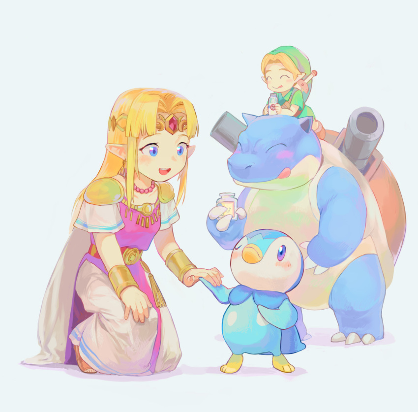 1boy, 1girl, blastoise, blonde_hair, blue_eyes, blush_stickers, bottle, bracelet