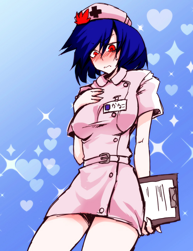alternate_costume, blue_hair, blush, clipboard, hat, nurse, nurse_cap, red_eyes, short_hair, skirt, solo, sweatdrop, taiti, touhou, yasaka_kanako