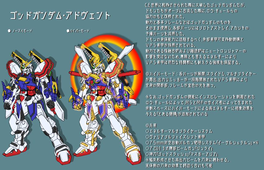 bakunetsu_god_finger, cinnamon_sabaku, clenched_hands, commentary_request, g_gundam, glowing, glowing_eyes, glowing_hand, god_gundam, green_eyes, gundam, highres, hyper_mode_(gundam), mecha, mechanization, no_humans, robot, science_fiction, solo, super_robot, translation_request, v-fin, weapon