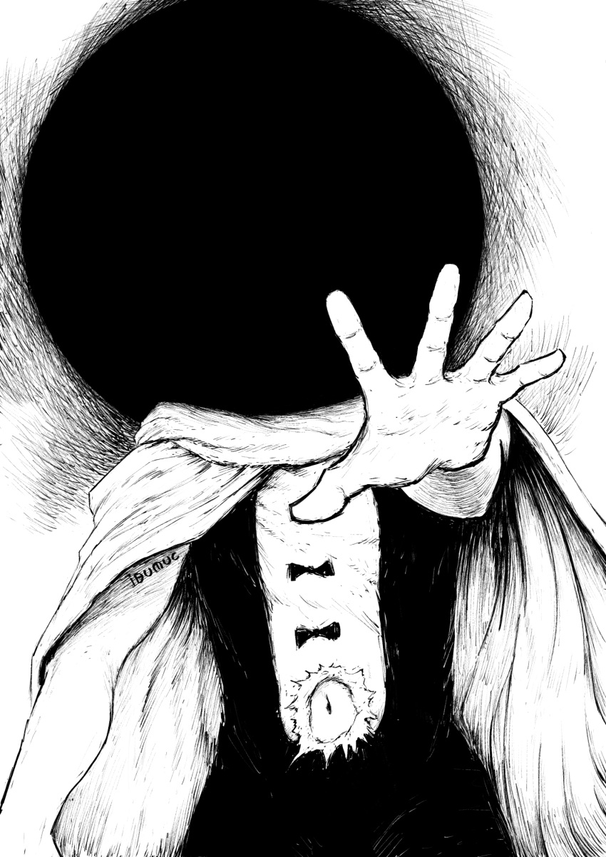 1boy, artist_name, cape, clothing_cutout, commentary, crosshatching, greyscale, hatching_(texture)