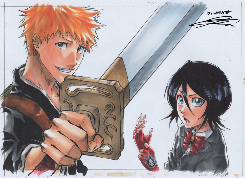 1boy, 1girl, 2019, absurdres, artist_name, black_hair, bleach, bow
