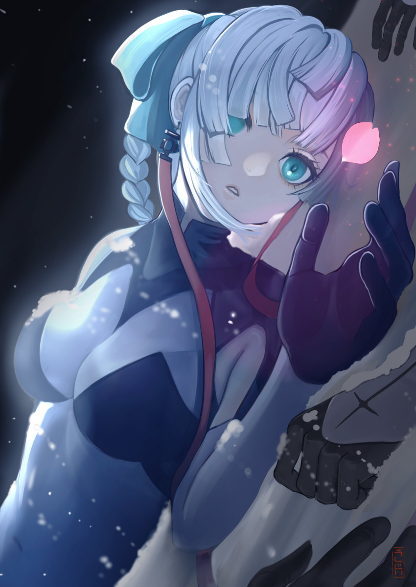 1girl, aqua_eyes, bodysuit, bow, braid, breasts, cherry_blossoms, earrings