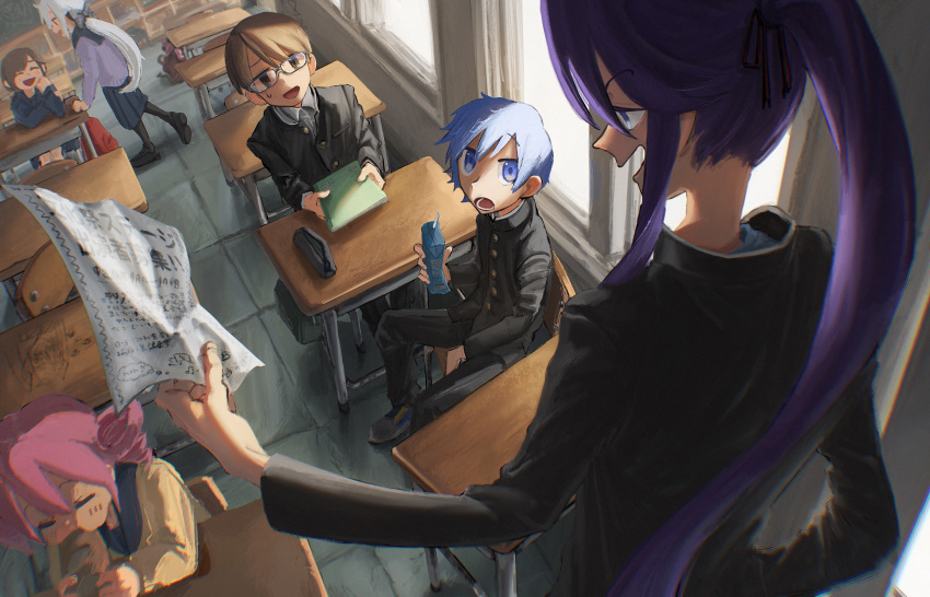 3boys, 3girls, =_=, alternate_costume, backpack, bag, baguette, black_bow, black_jacket, black_pants, black_sailor_collar, black_shirt, blue_eyes, blue_hair, blush, bow, bread, brown_hair, classroom, commentary_request, desk, drill_hair, eating, food, foreshortening, from_above, gakuran, glasses, grey_hair, hair_bow, half-closed_eyes, hand_in_pocket, hatsune_miku, heel_up, highres, hiyama_kiyoteru, holding, holding_carton, holding_flyer, holding_food, holding_notebook, indoors, jacket, kaito, kaito_(vocaloid), kamui_gakupo, kasane_teto, long_hair, long_sleeves, looking_at_another, low_ponytail, meiko, meiko_(vocaloid), multiple_boys, multiple_girls, nata_shelf, nervous_smile, notebook, on_chair, overexposure, pants, pencil_case, pink_hair, ponytail, purple_hair, purple_sweater, sailor_collar, school_desk, school_uniform, shirt, short_hair, sitting, smile, standing, sweatdrop, sweater, tile_floor, tiles, twin_drills, utau, v-shaped_eyebrows, vocaloid, window, yellow_sweater, yowane_haku