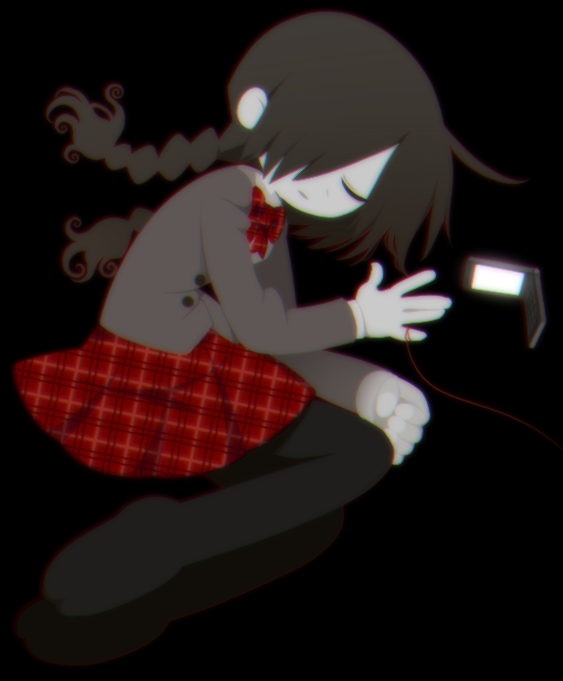 1girl, black_background, black_hair, black_thighhighs, bow, braid, buttons, cellphone