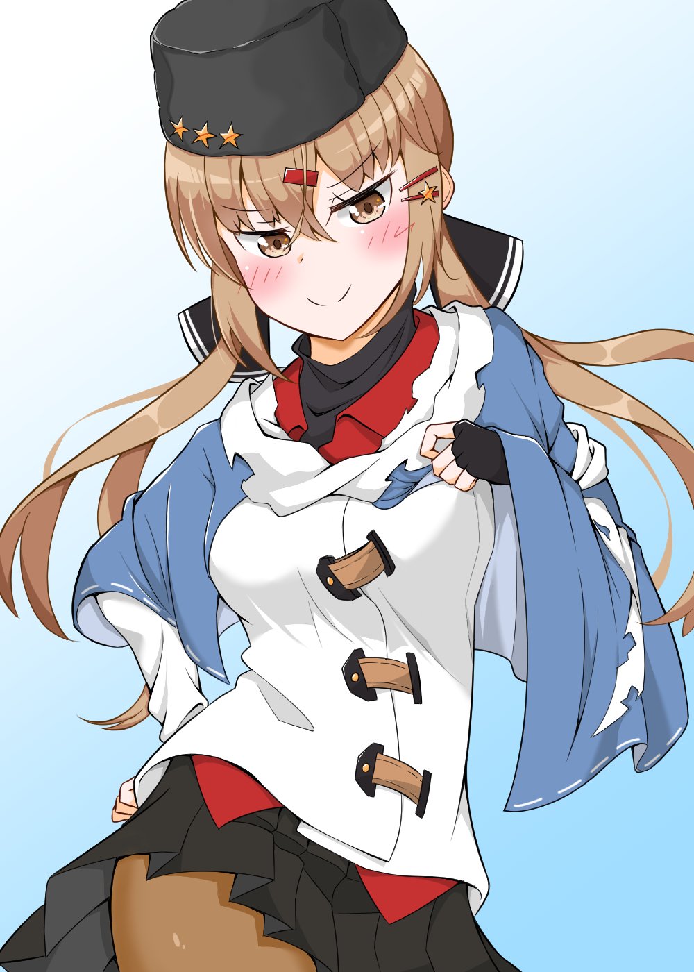 1girl, black_bow, black_gloves, black_headwear, blue_background, blue_shawl, bow, brown_eyes