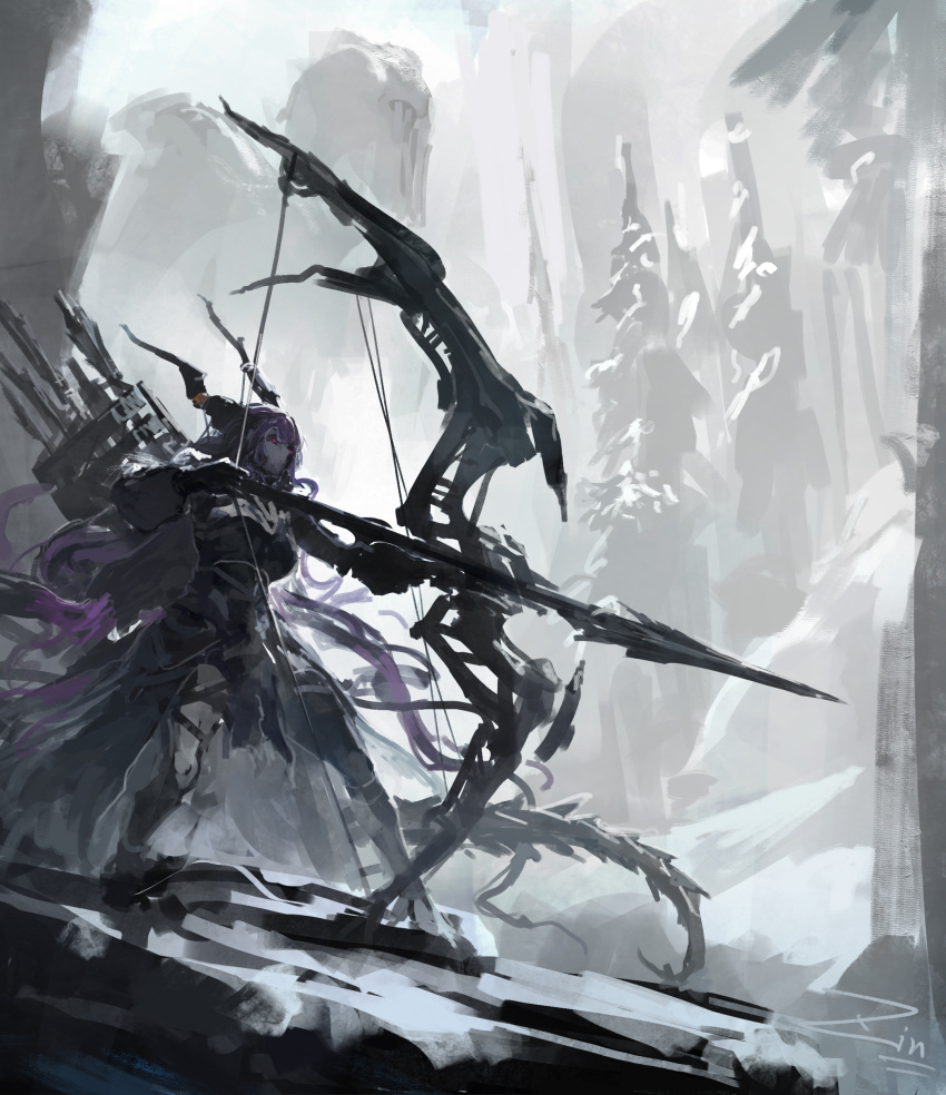 1girl, absurdres, arknights, black_gloves, bow_(weapon), breasts, compound_bow, drawing_bow, from_side, full_body, gloves, greyscale, highres, holding, holding_bow_(weapon), holding_weapon, horns, lonely_(1878056661), long_hair, long_sleeves, medium_breasts, monochrome, outdoors, purple_hair, quiver, signature, solo, spot_color, standing, tree, typhon_(arknights), very_long_hair, weapon