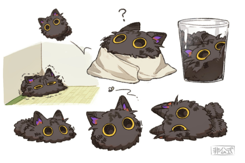 ?, animal_focus, black_cat, blanket, bug, cat, cup, fly