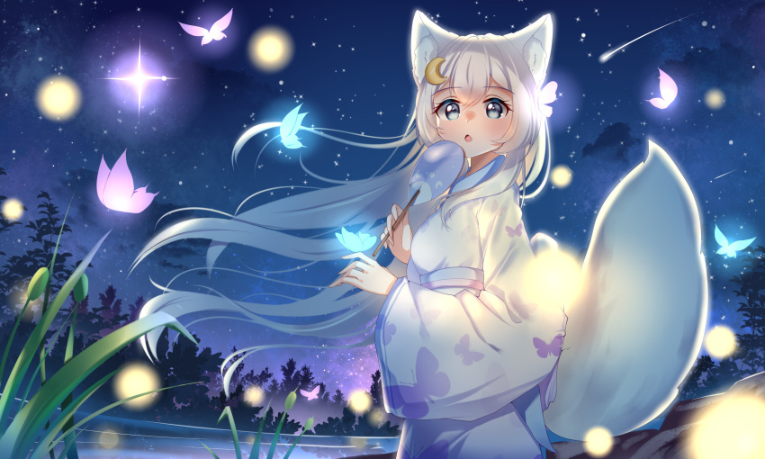 1girl, :o, absurdres, animal_ear_fluff, animal_ears, animal_print, blue_butterfly, breasts