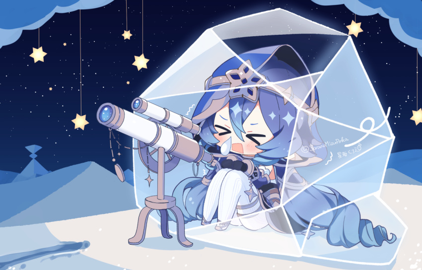>o<, 1girl, black_dress, black_gloves, black_sleeves, blue_hair, blue_hood, blush