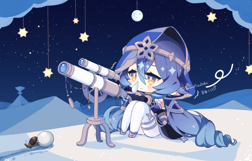 1girl, bags_under_eyes, beetle, black_dress, black_gloves, black_sleeves, blue_hair, blue_hood