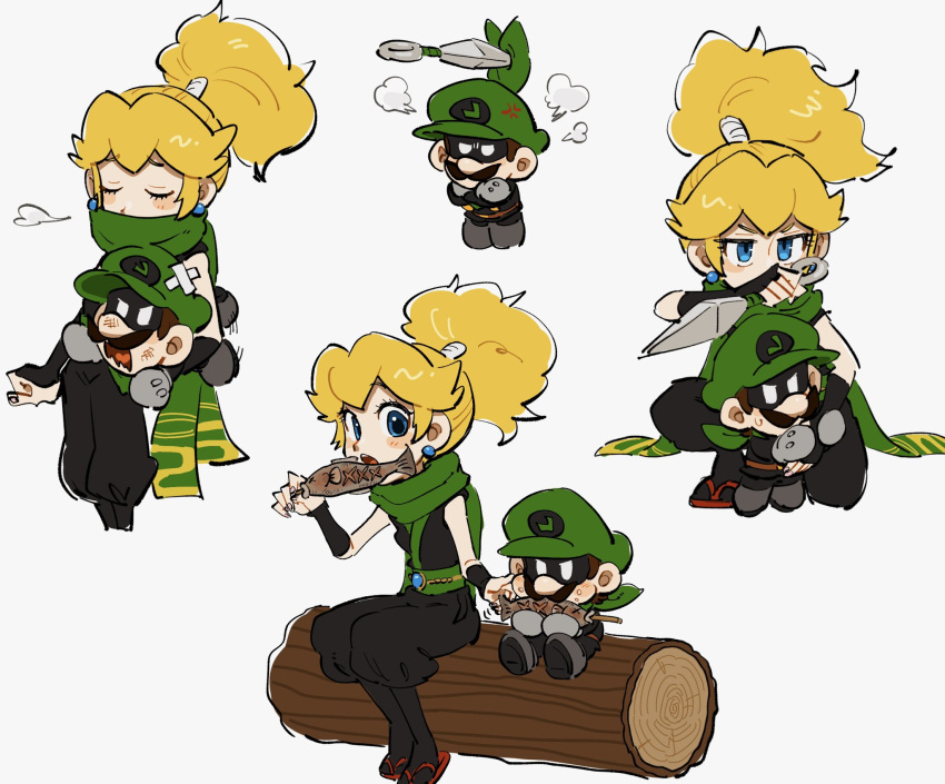 1boy, 1girl, anger_vein, black_overalls, blonde_hair, blush_stickers, brown_hair, chibi