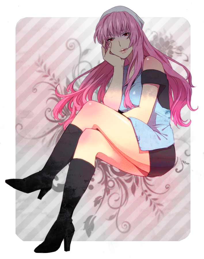 :q, arakawa_under_the_bridge, bad_id, boots, chin_rest, crossed_legs, dress, head_scarf