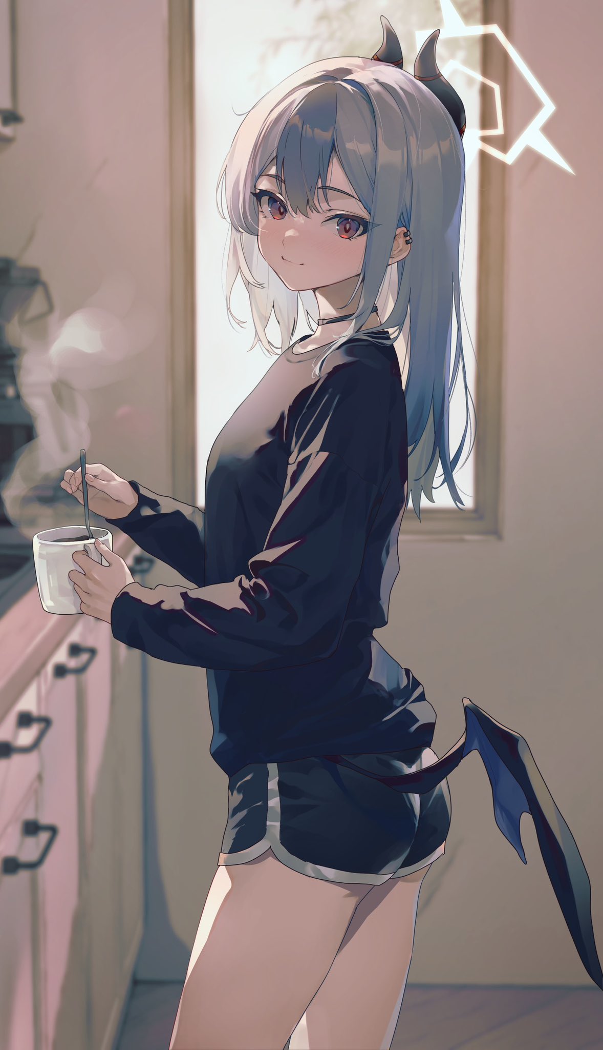 1girl, alternate_costume, backlighting, black_hair, blue_archive, choker, coffee, coffee_mug