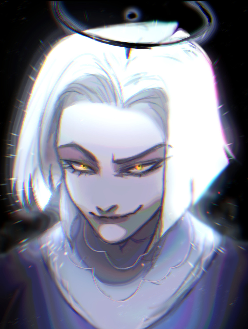 1girl, absurdres, angel, black_background, close-up, evil_smile, halo, hazbin_hotel, highres, lollypop_zzz, looking_at_viewer, lute_(hazbin_hotel), raised_eyebrows, short_hair, smile, solo, white_hair