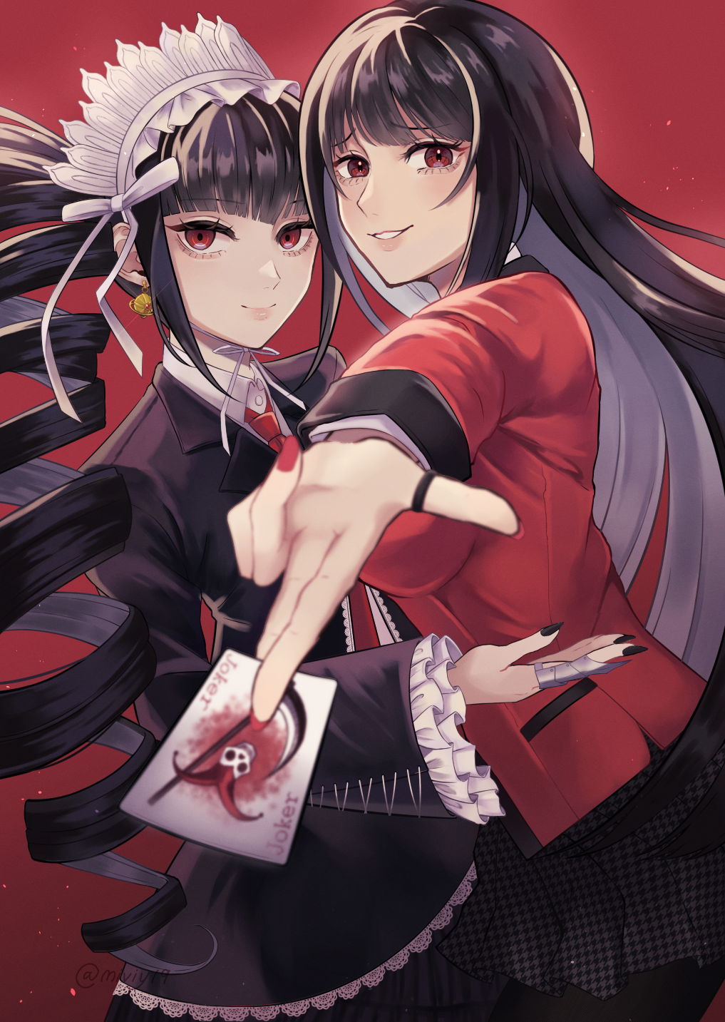 2girls, black_hair, black_nails, bonnet, celestia_ludenberg, claw_ring, crossover, danganronpa:_trigger_happy_havoc