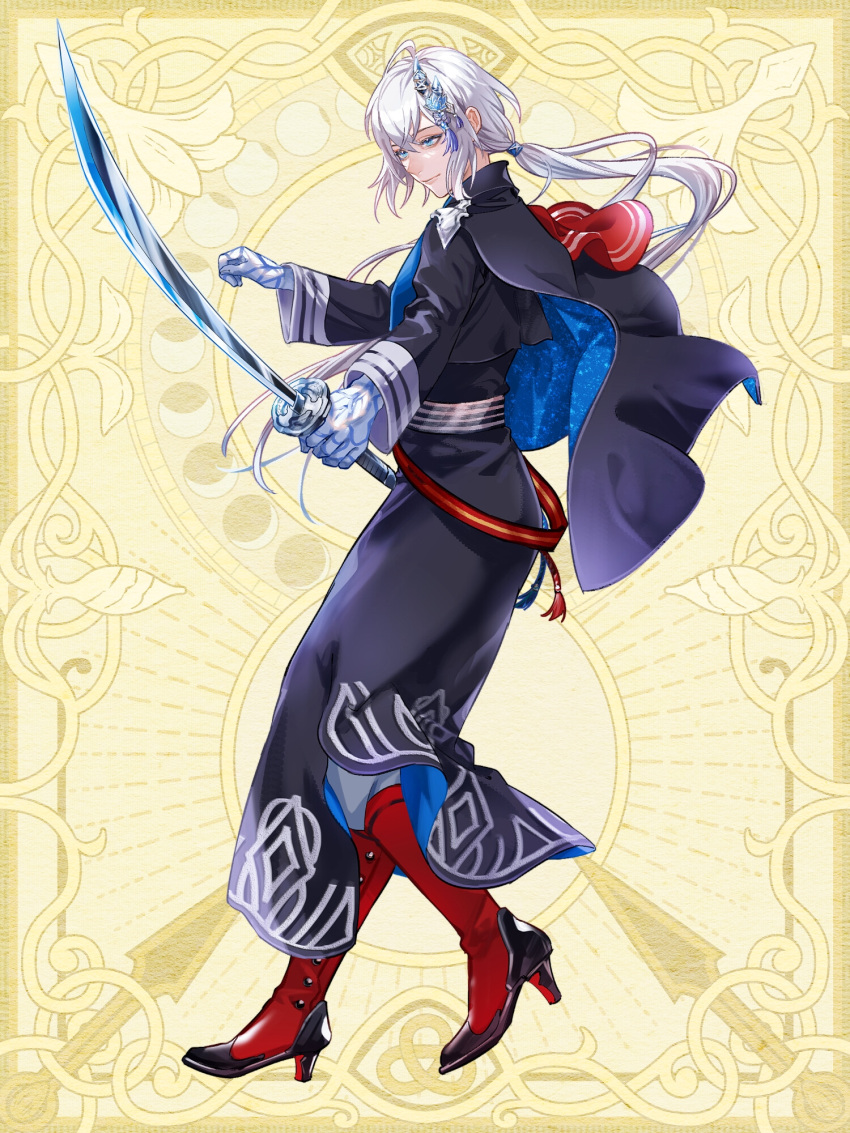 1boy, aiming, black_cape, black_jacket, black_kimono, blue_cape, blue_eyes, blue_skin