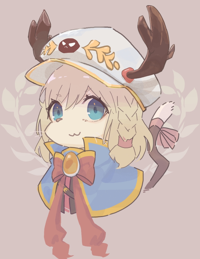 1girl, :3, blonde_hair, blue_capelet, blue_eyes, bow, bowtie, braid