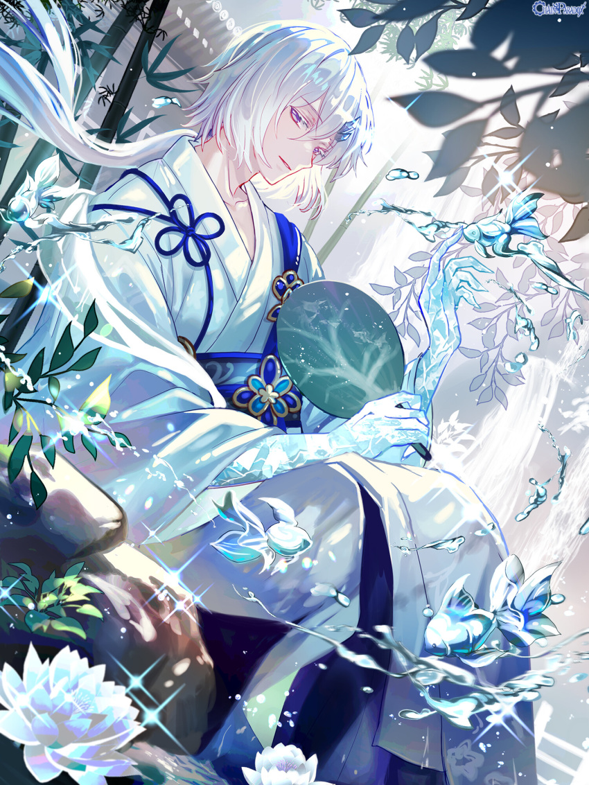 1boy, bamboo, blue_eyes, chain_paradox, colored_eyelashes, copyright_name, crystallization, feet_out_of_frame, fish, flower_knot, glint, goldfish, hair_between_eyes, hand_fan, hand_up, highres, holding, holding_fan, horns, ice, ice_flower, ice_horns, japanese_clothes, kimono, kino_setsuna, koro_marui, long_hair, long_sleeves, looking_at_viewer, low_ponytail, male_focus, paper_fan, parted_lips, plant, rock, sash, single_horn, sitting, soaking_feet, solo, sparkle, uchiwa, violet_eyes, water, water_drop, water_lily_flower, waterfall, white_hair, white_kimono, wide_sleeves