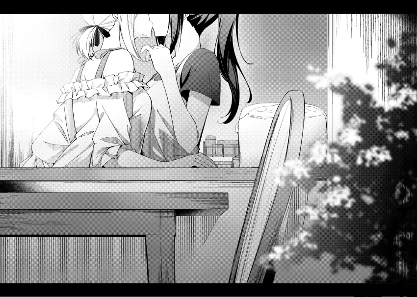 2girls, absurdres, apron, blurry, chair, commentary, corrupted_twitter_file, depth_of_field