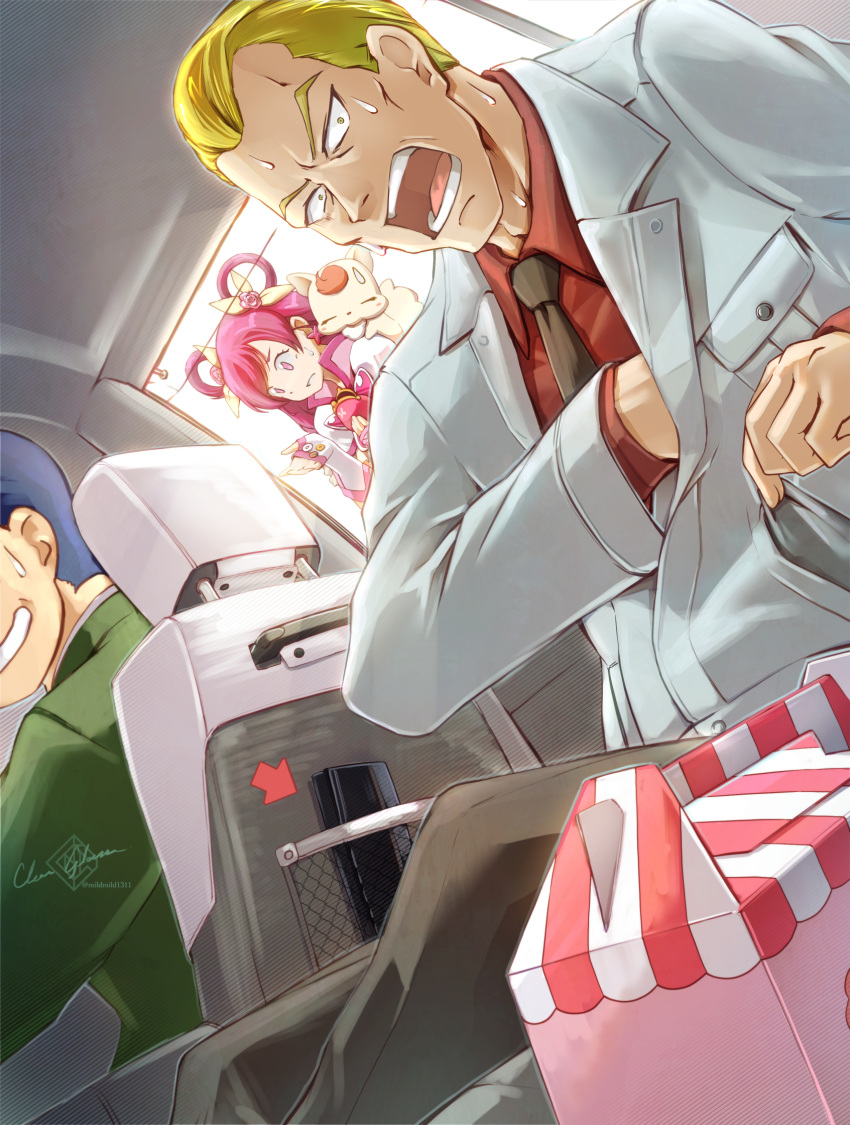 1boy, 1girl, artist_name, black_necktie, blonde_hair, blue_hair, bunbee_(yes!_precure_5), clear_glass_(mildmild1311)