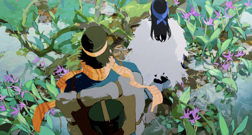1boy, 1girl, ainu, ainu_clothes, asirpa, backpack, bag, bandana, black_hair, blue_bandana, cape, flower, fur_cape, gkyoyo00, golden_kamuy, highres, long_hair, painting_(medium), scarf, sugimoto_saichi, traditional_media