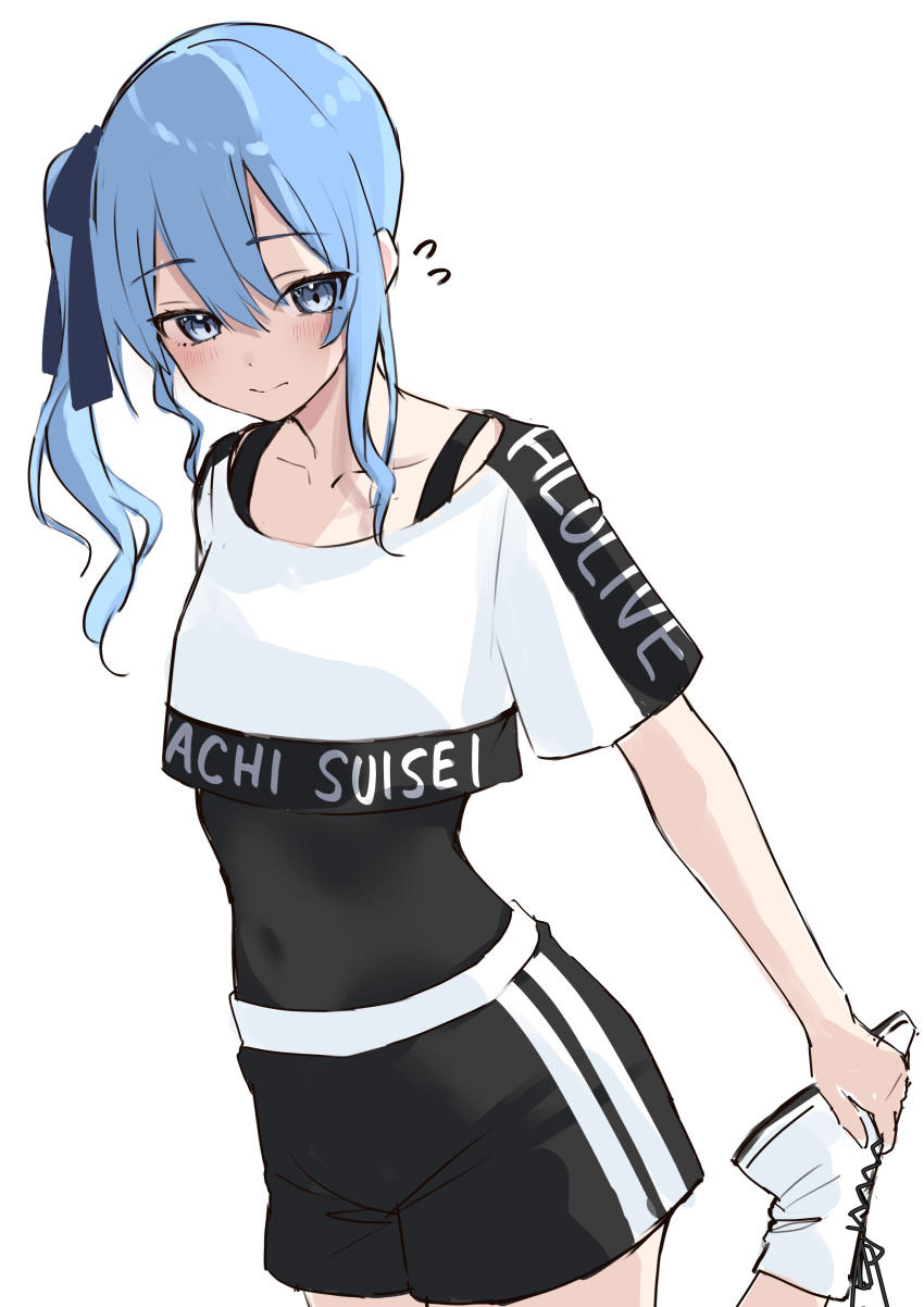 1girl, absurdres, black_leotard, black_shorts, blue_eyes, blue_hair, blue_ribbon, blush, character_name, clothes_writing, commentary_request, cowboy_shot, crop_top, crop_top_overhang, flying_sweatdrops, hair_between_eyes, hair_ribbon, highres, holding_leg, hololive, hololive_dance_practice_uniform, hoshimachi_suisei, leg_up, leotard, leotard_under_clothes, medium_hair, nisi_ki_no, official_alternate_costume, partial_commentary, ribbon, shirt, shorts, side_ponytail, sidelocks, simple_background, solo, standing, standing_on_one_leg, t-shirt, virtual_youtuber, white_background, white_shirt