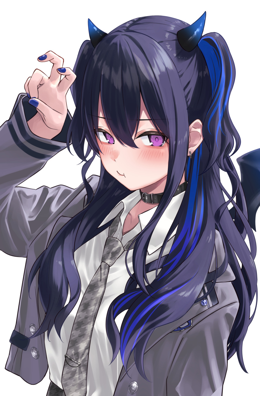 1girl, absurdres, belt, belt_choker, bent_v, black_belt, black_hair, blue_hair