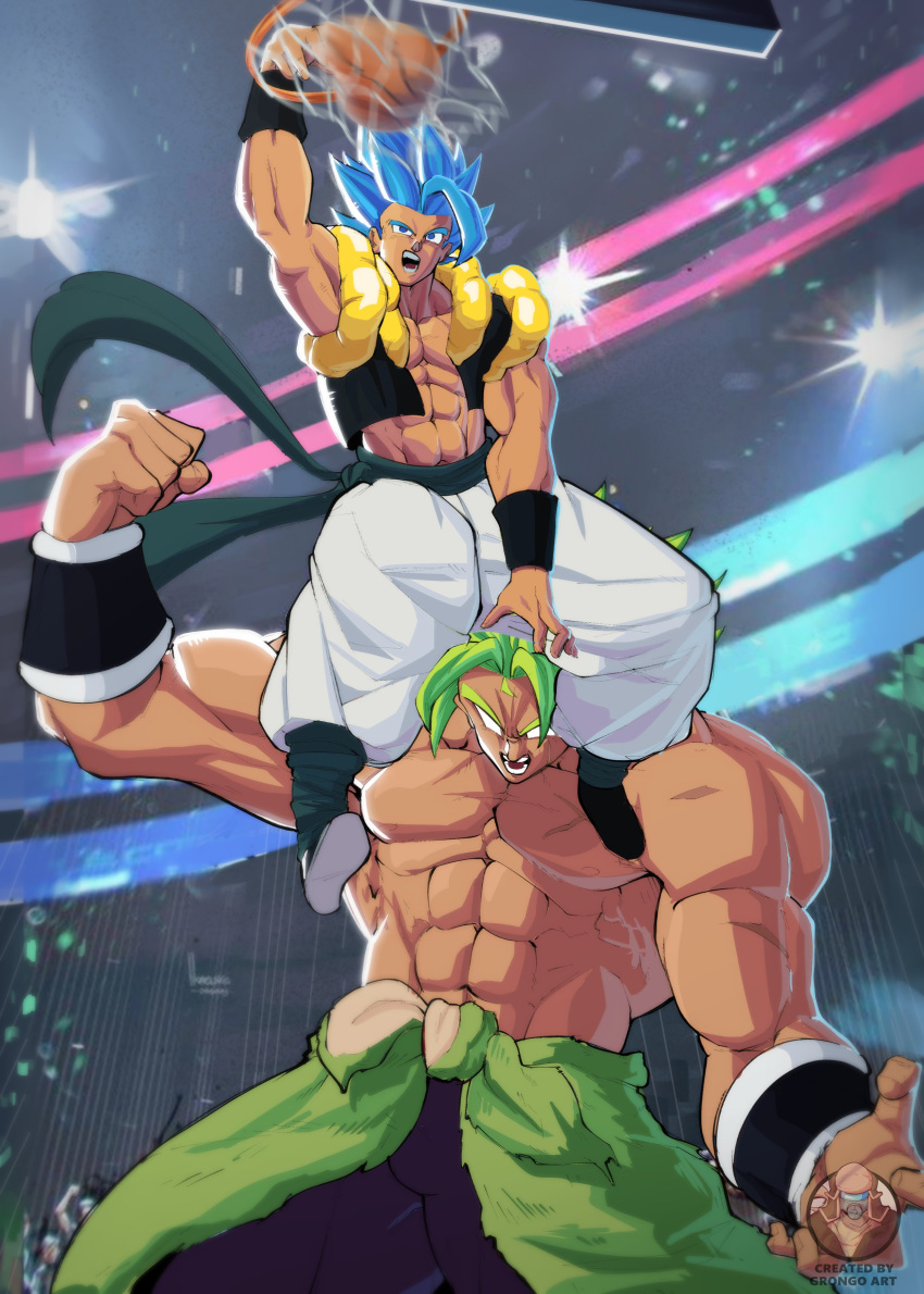 2boys, absurdres, ball, basketball_(object), black_vest, blue_eyes, blue_hair, broly_(dragon_ball_super)