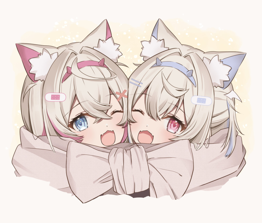 2girls, :3, animal_ear_fluff, animal_ears, annin_oekaki, bandaid, bandaid_hair_ornament, blonde_hair, blue_eyes, blue_hair, brown_background, brown_scarf, crossed_bangs, dog_ears, dog_girl, fake_horns, fangs, fuwawa_abyssgard, gradient_background, hair_between_eyes, hair_intakes, hair_ornament, hairband, hairpin, highres, hololive, hololive_english, horns, looking_at_viewer, mococo_abyssgard, multicolored_hair, multiple_girls, one_eye_closed, open_mouth, pink_eyes, pink_hair, portrait, scarf, shared_clothes, shared_scarf, skin_fangs, smile, streaked_hair, white_background, x_hair_ornament