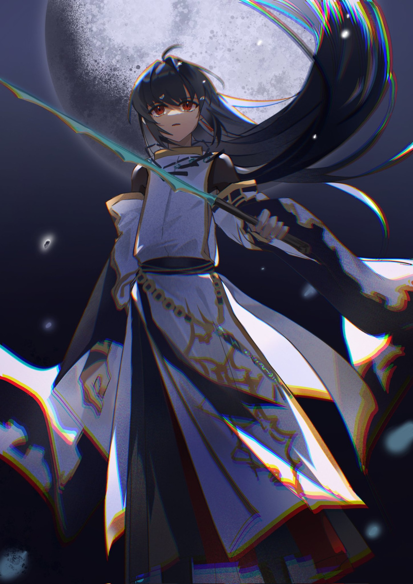 1other, ahoge, androgynous, black_hair, chromatic_aberration, detached_sleeves, earrings, fate/grand_order