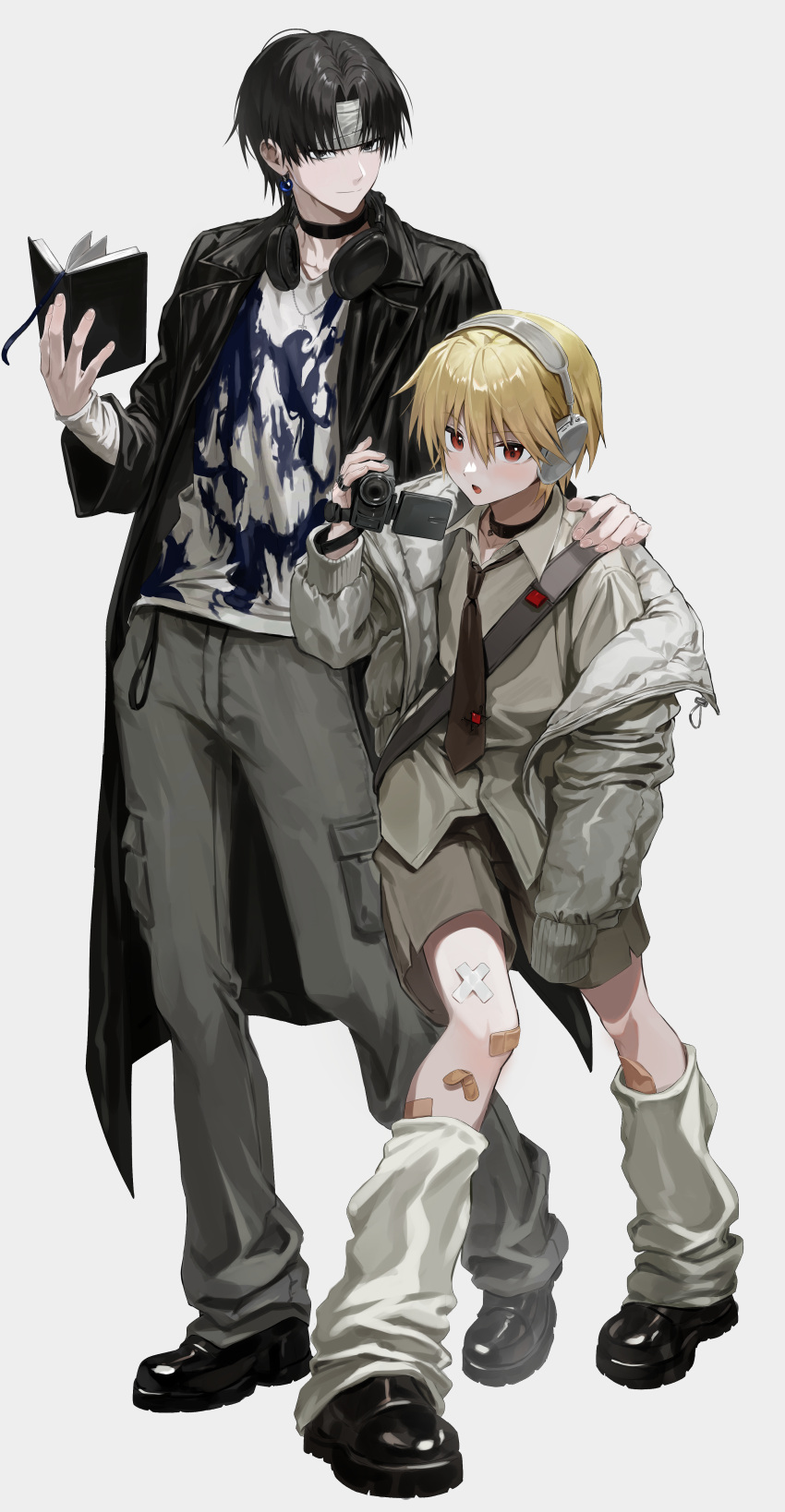 2boys, absurdres, akira_(nupekwa), alternate_costume, androgynous, baggy_socks, bandaid, bandaid_on_leg