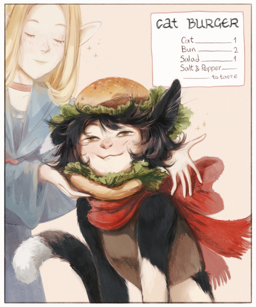 2girls, animal_ears, armor, bare_shoulders, black_hair, blonde_hair, blue_robe, blush, body_fur, breasts, burger, cat_ears, cat_girl, cat_tail, choker, closed_eyes, commentary, crop_top, dungeon_meshi, ear_down, elf, english_commentary, food, food-themed_hat, food_on_head, half-closed_eyes, highres, in_food, izutsumi, leather_armor, lettuce, long_hair, looking_at_viewer, marcille_donato, midriff, multiple_girls, nose_blush, object_on_head, pointy_ears, purple-soika, red_scarf, robe, scarf, short_hair, simple_background, sleeveless, small_breasts, solo_focus, sparkle, tail, upper_body, yellow_eyes
