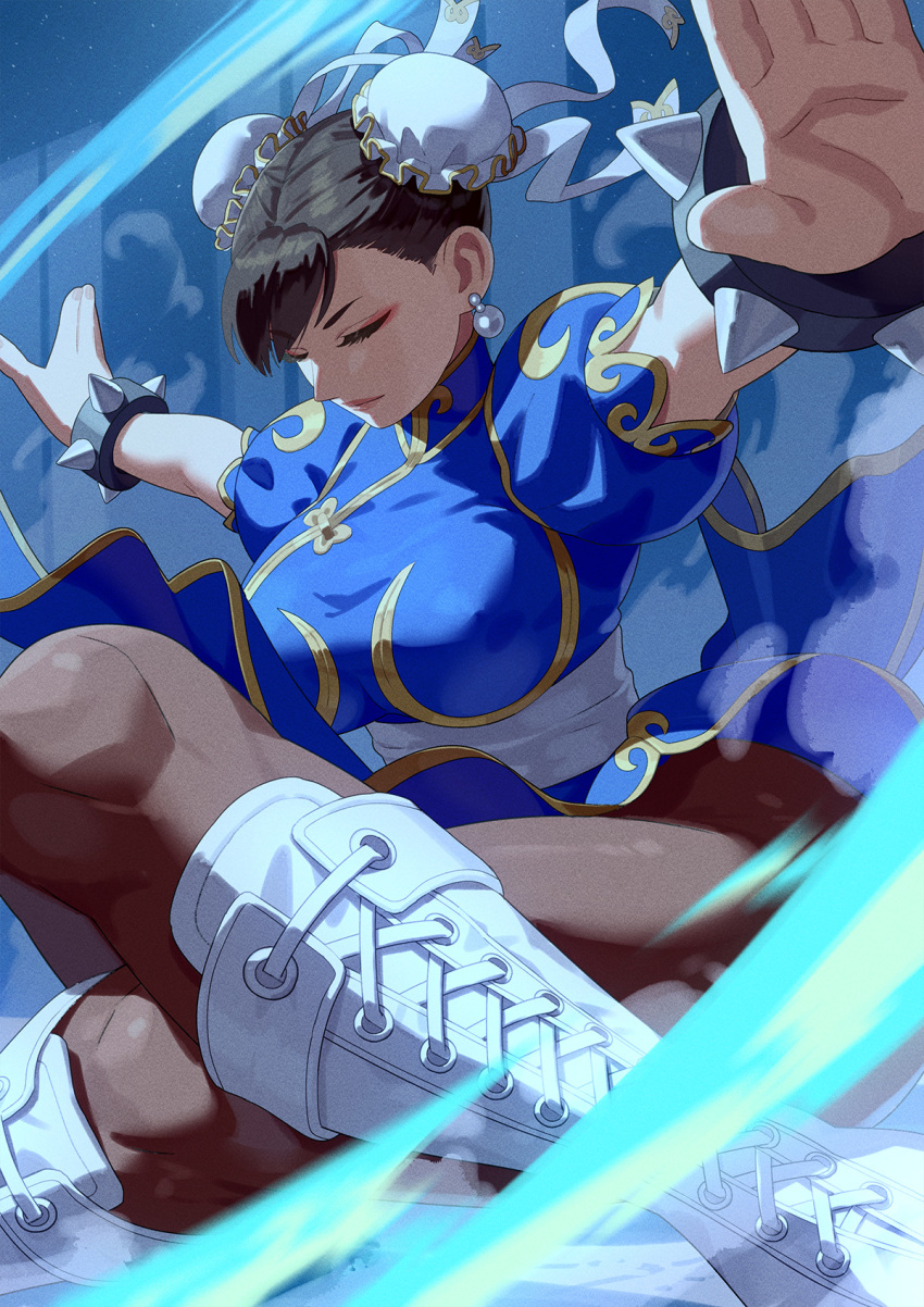 blue_dress, boots, bracelet, breasts, bun_cover, capcom, china_dress, chinese_clothes