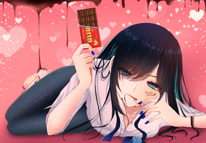 1girl, ado_(utaite), barefoot, black_hair, blue_eyes, blue_hair, blue_nails, blue_pants, chando_(ado), chocolate, chocolate_on_body, chocolate_on_face, cloud_nine_inc, collared_shirt, colored_inner_hair, commentary_request, dress_shirt, food, food_on_body, food_on_face, ghana_(chocolate), heart, highres, holding, holding_chocolate, holding_food, licking_lips, long_hair, looking_at_viewer, lying, mole, mole_under_eye, multicolored_hair, nail_polish, pants, partial_commentary, pink_background, shadow, shirt, shoko_(gs_music11), sidelocks, solo, song_name, toenail_polish, toenails, tongue, tongue_out, two-tone_hair, utaite, white_shirt
