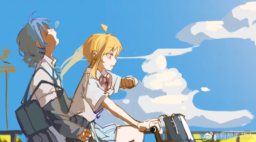 2girls, ahoge, backpack, bag, bicycle, blonde_hair, blue_bag, blue_bow